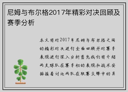 尼姆与布尔格2017年精彩对决回顾及赛季分析